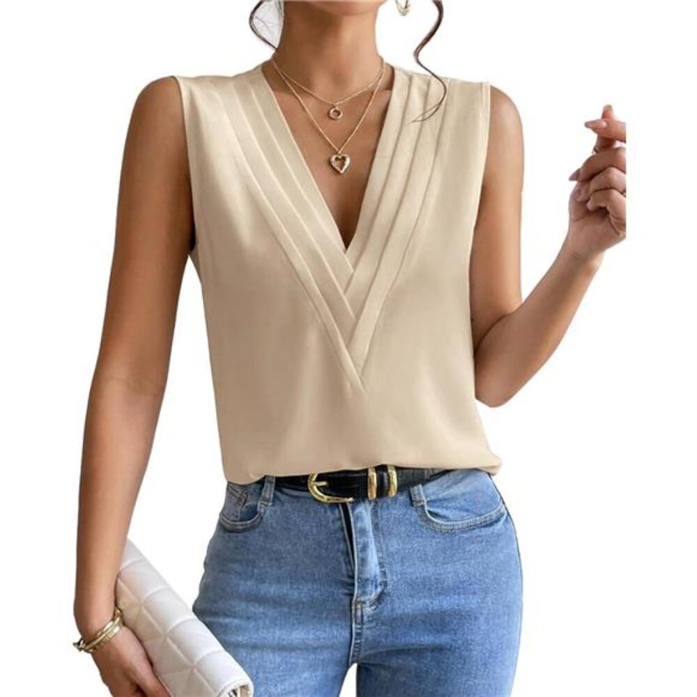 🌸 Elegant V-Neck Layered Blouse for Women – Sleeveless Solid Top